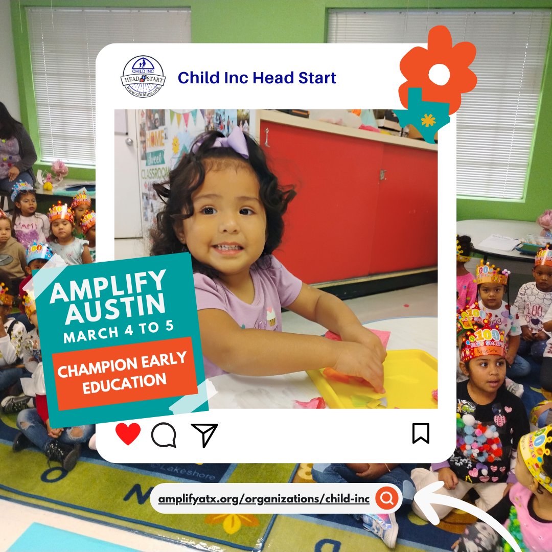 ChildInc_TX's tweet photo. 🌟 March 4–5 is #AmplifyAustin!
Since 1972, Child Inc has helped our littlest learners grow BIG dreams with Head Start, Early Head Start, healthy meals, &amp; family support. 💛
Be a champion for school readiness!
#wearechildinc #headstart #earlyheadstart #earlylearningmatters https://t.co/g35wafNzqP