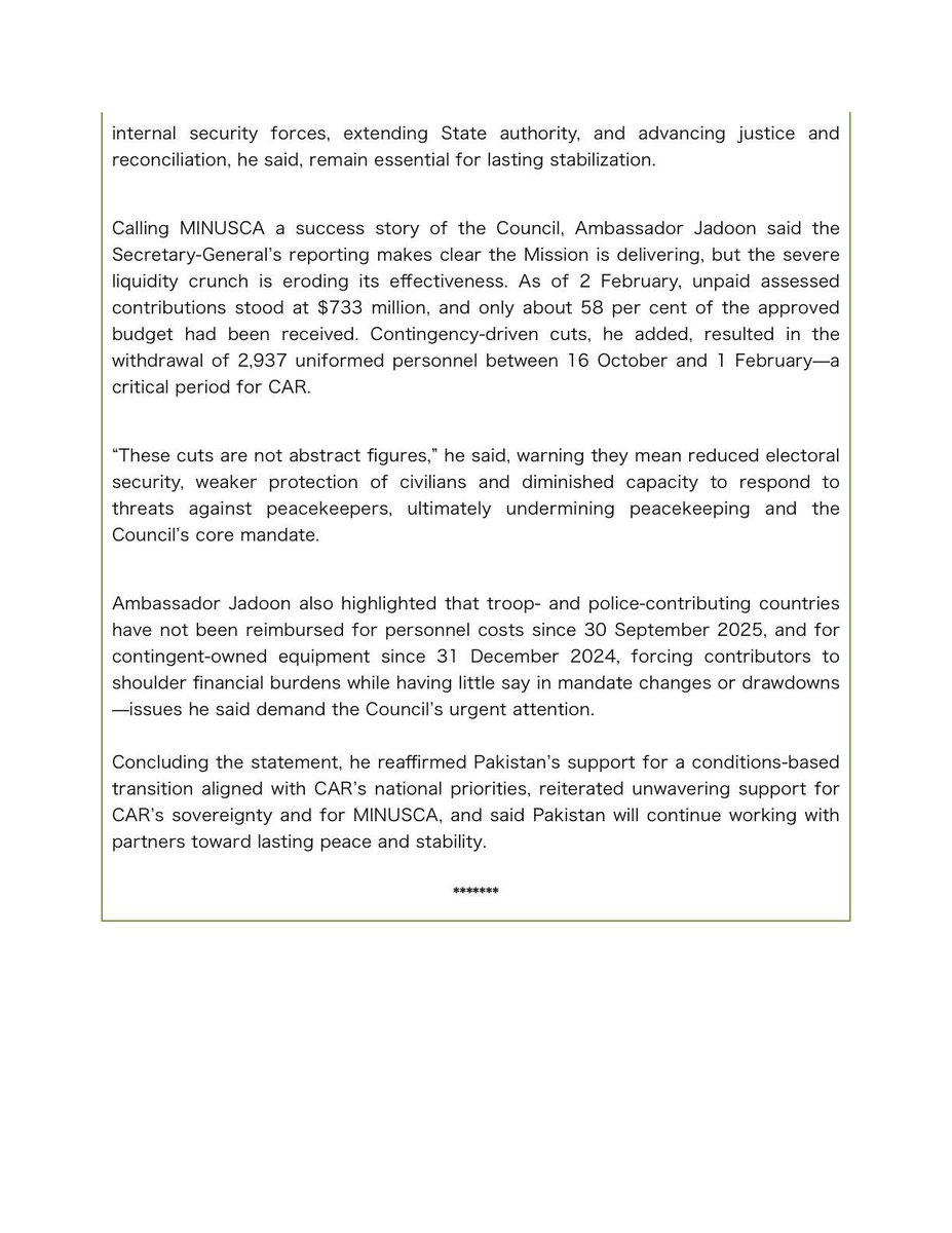 #PakistanAtUNSC 

At UN Security Council, Pakistan Warns Liquidity Crisis Is Undermining MINUSCA’s Gains in Central African Republic (CAR)

Our Press Release today