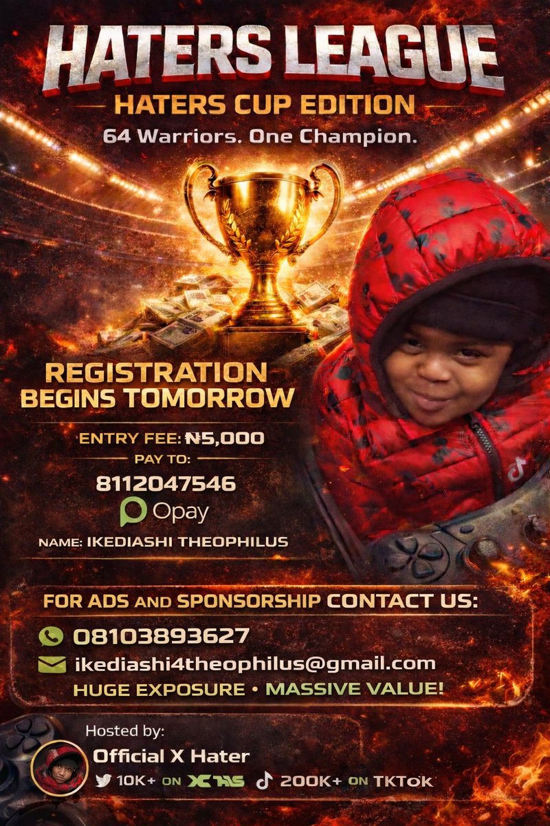 Haters League.

Registration Can commence.

First come, first serve.

Limited slots.

Let's gooo.

More details tomorrow 🤝