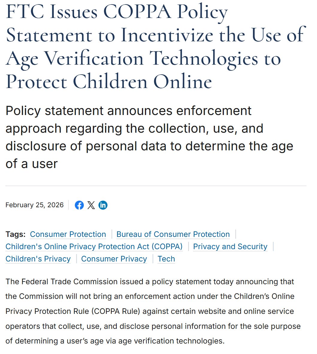 juliecbarrett's tweet photo. This is a head-spinning game of whack-a-mole!!

The FTC issued a statement and a policy today incentivizing every major platform and app to use age verification systems. 

The new policy says that the FTC will not enforce COPPA against operators who collect personal data *only* to verify age. 

In case you had any doubt, this is a huge sign that the entire digital world is moving toward mandatory age verification = Digital ID!!!