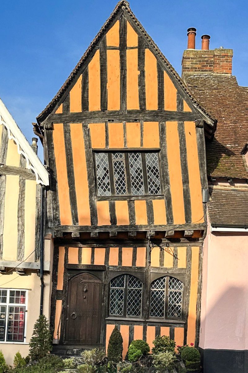 The "most crooked house" in Lavenham. Built in 1395 and now a private home. Lavenham is said to be the best-preserved Medieval village in Britain.