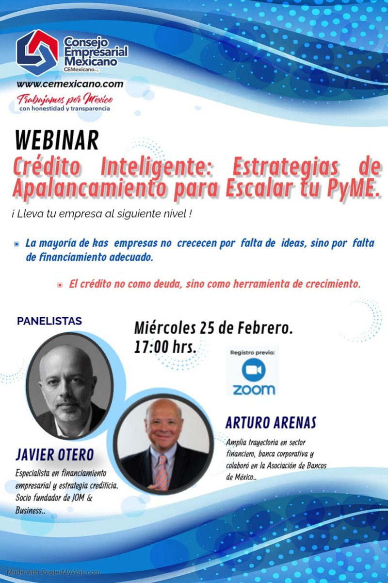CEMexicano's tweet photo. Estimado empresario, no lo olvides, a las 17:00 hs comienza Webinar GRATUITO: Crédito Inteligente: Estrategias de Apalancamiento para Escalar tu PyME. Recuerda es necesario que te registres antes para recibir el enlace. Te esperamos, estamos seguros que será de mucha utilidad. https://t.co/nAn3BMmXxe