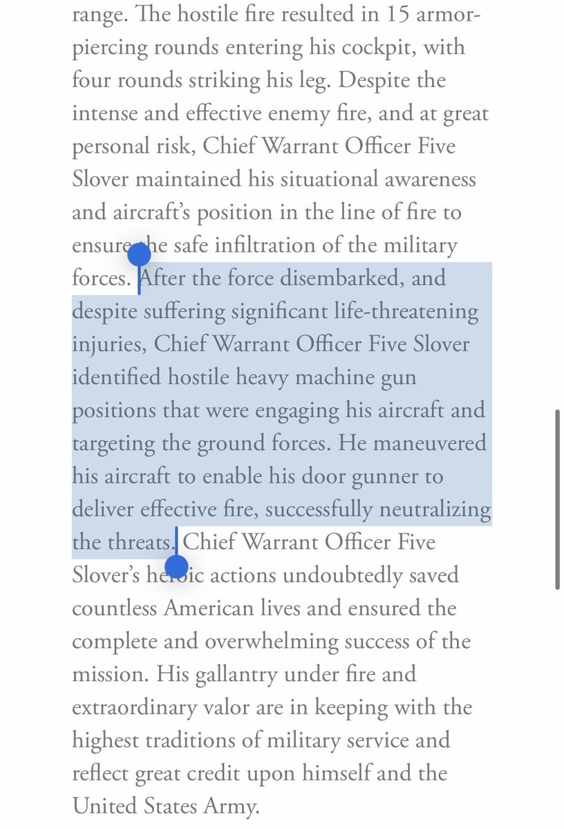 dhookstead's tweet image. Eric Slover’s Medal of Honor citation is INSANE.

After being hit by four by armor piercing machine gun rounds, he got his helicopter BACK IN THE AIR and started smoking enemy firing positions as he was bleeding out.

Legit superhero actions.