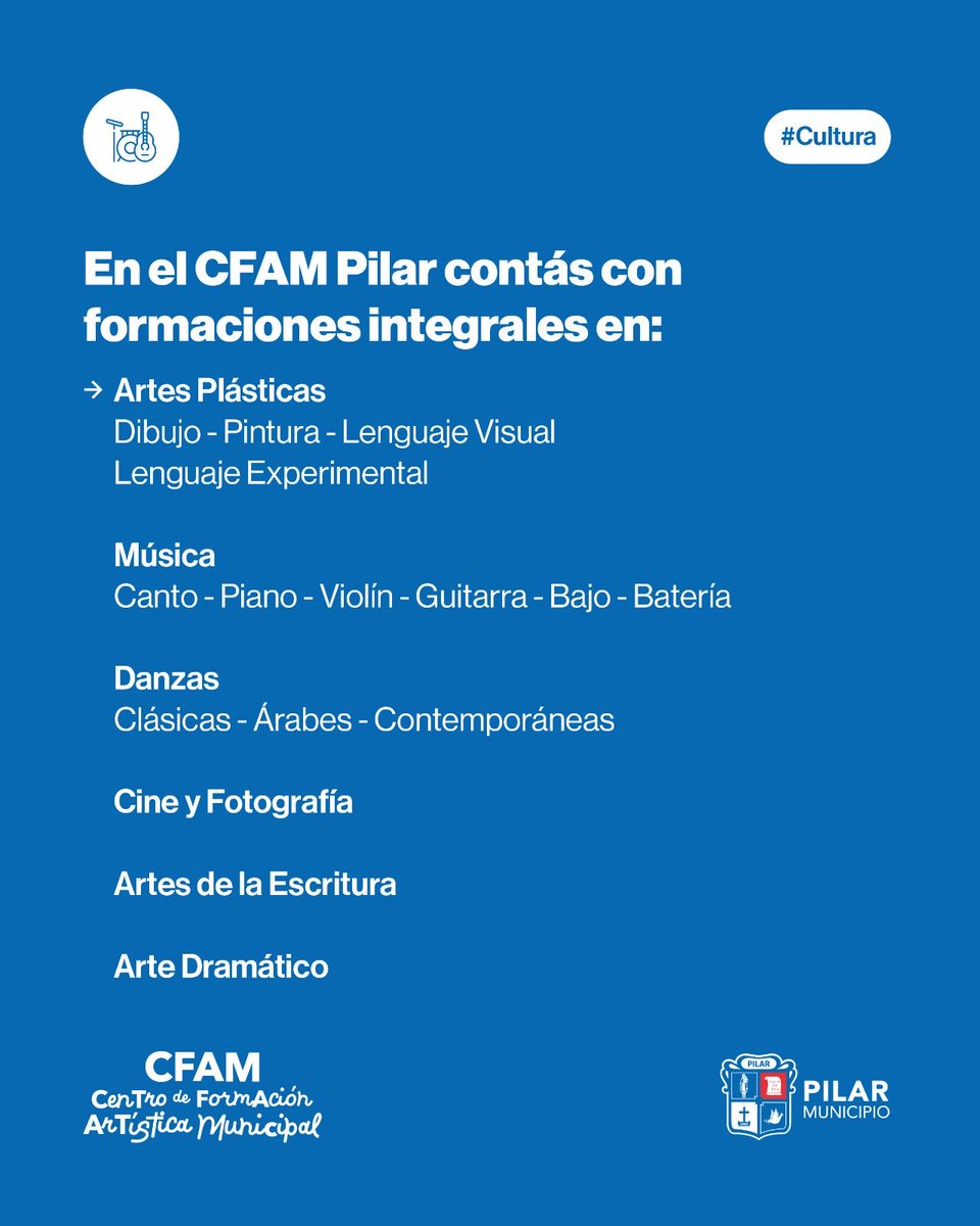 MunicipioPilar's tweet photo. ¡Con el Centro de Formación Artística Municipal (CFAM) llevá tu talento a otro nivel! 🎶💃✍️👩‍🎓

👉 En este espacio podés acceder a una formación integral en distintas disciplinas artísticas, logrando las bases para un futuro desarrollo profesional. Las cursadas tienen planes de estudio de hasta 3 años y son totalmente gratuitas. 

📲 Para más info e inscripción enviá "Cultura" al Whatsapp de #MiMuni 11-5238-6864.