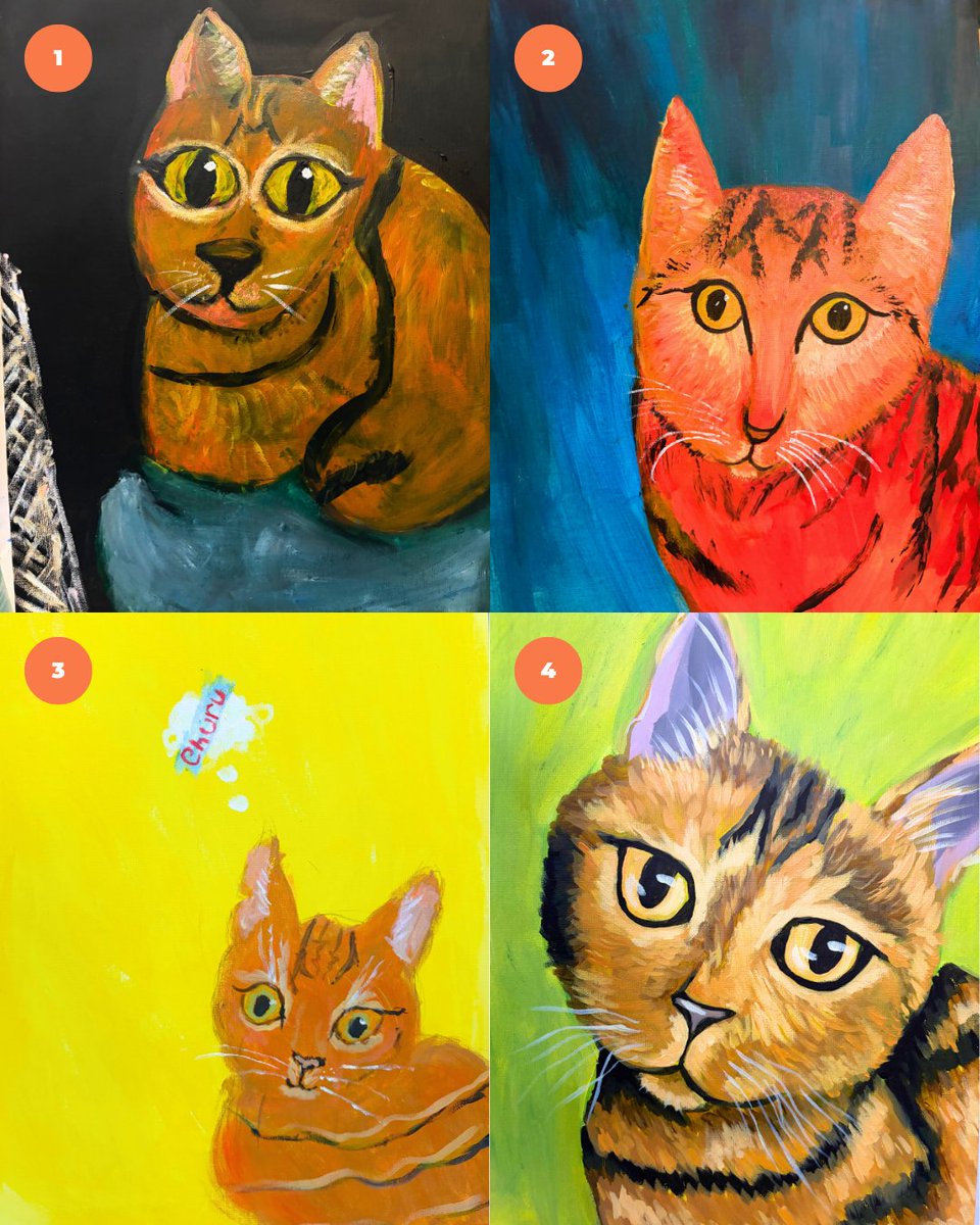 TreeHouseCats's tweet photo. #TeamTreeHouse did some team building last week, bonding over our love for long-stay cat Fink! As it turns out, everyone here is an #artist! 👩‍🎨🎨 Which painting do you think illustrates Fink and her personality best? ✨️ Comment below! #TreeHouseCats #Painting #Art https://t.co/U2HNLq89g3