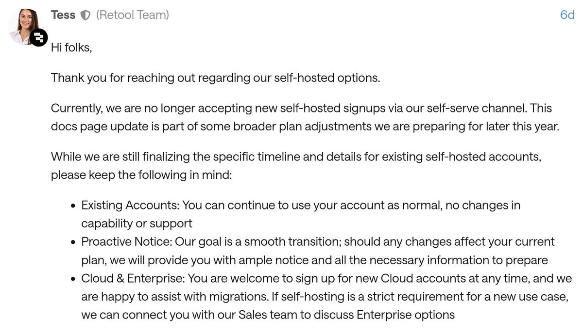 bearlikelion's tweet photo. This change at @retool literally cost me a job opportunity I was very excited about. 🤬

#gamedev #retool #selfhosted #gamedevelopment https://t.co/jNkdLl0BsM