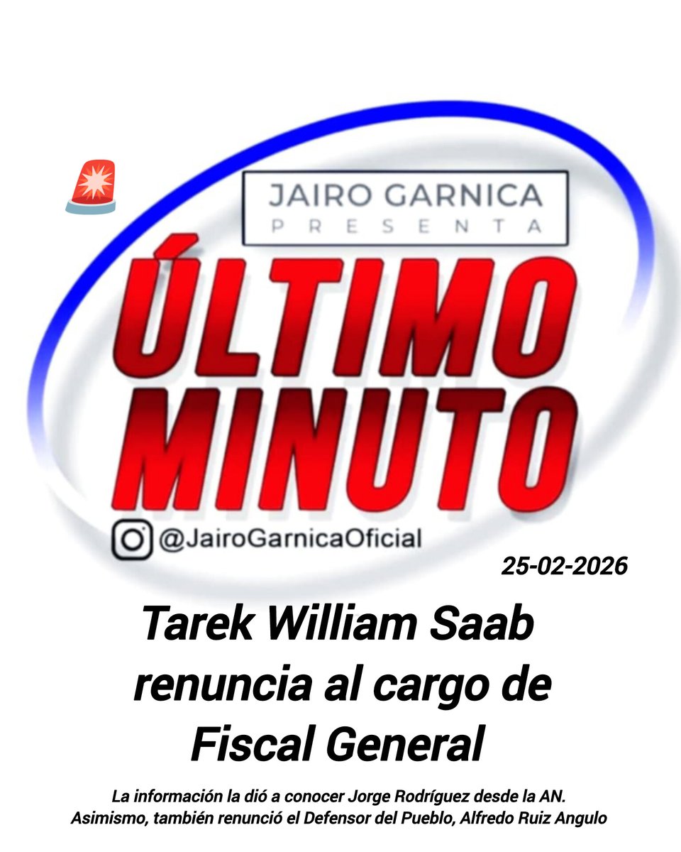 JairoGarnica's tweet photo. URGENTE🚨 Tarek William Saab renuncia al cargo de Fiscal General de la República.

Asimismo, también renunció el Defensor del Pueblo, Alfredo Ruiz Angulo.

La información la dió a conocer Jorge Rodríguez, presidente de la Asamblea Nacional.

Jairo Garnica 

#tarekwilliamsaab https://t.co/XxZ9ojxnZD