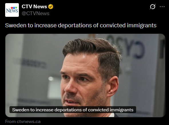BREAKING: Sweden’s government TODAY 
ITS TIME TO DEPORT CRIMINALS.

Any crime with a penalty higher than a fine IMMIDATE deportation.

Canada has 3 million expired / expiring VISA 
LIBERALS plan on deporting 0.7% 
(22,000 Deported Last Year)

(ESSENTIALLY ZERO %)