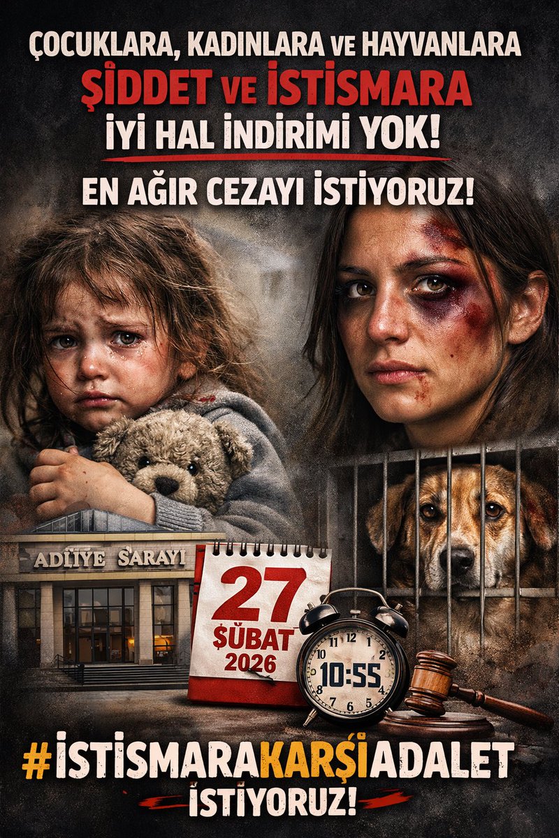 Çocuklara, kadınlara ve hayvanlara yönelik şiddet ve istismar suçlarının cezaları ağırlaştırılmalıdır. Bu suçlarda kesinlikle iyi hâl indirimi uygulanmamalı; failler, yatarı olan en ağır hapis cezalarıyla cezalandırılarak toplumdan tecrit edilmelidir.

27 Şubat 2026 tarihinde