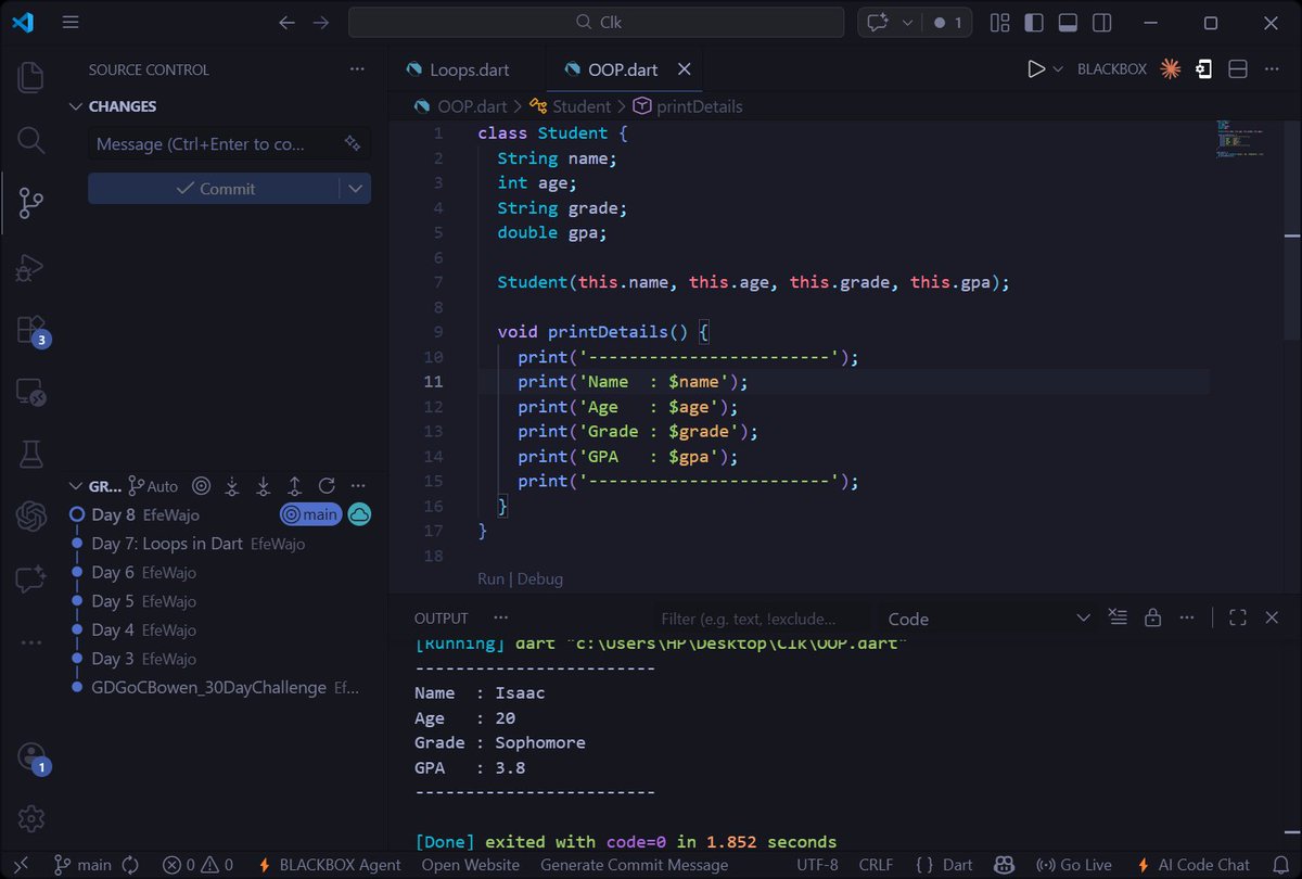Day 8 on the #GDGoC30DayChallenge and today we focused on Darts OOP, it's cancelled be used in Building Reusable UI components and Managing App State 
#MobileDevelopment