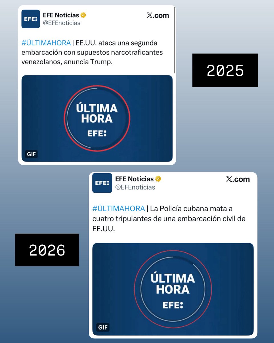 SENCILLO Y FÁCIL 🧐📰

- si lo hizo EEUU en aguas internacionales, escribe “EEUU ataca narcotraficantes”
- pero si es Cuba en sus propias aguas territoriales, escribe “Policía mata tripulantes de embarcación civil”

<a href="/EFEnoticias/">EFE Noticias</a>, la primera agencia de noticias en Español