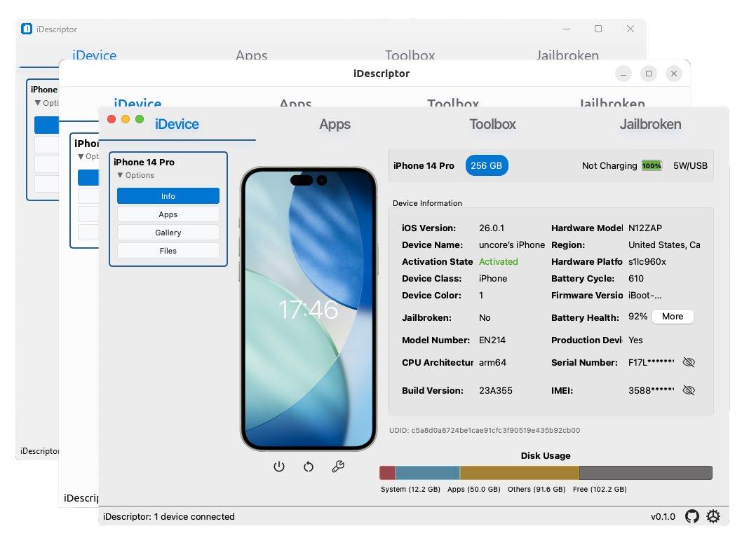 أداة جديدة لإدارة الايفون من الكمبيوتر بدون iTunes 

iDescriptor 

تعطيك تحكم قوي بالجهاز

أهم مميزاتها 

• تثبيت التطبيقات على الايفون مباشرة
• تصفح ملفات الجهاز وسحب الصور والفيديو
• بث شاشة الايفون على الكمبيوتر

• تدعم Windows و macOS و Linux 
• مجانية

تابع 👇