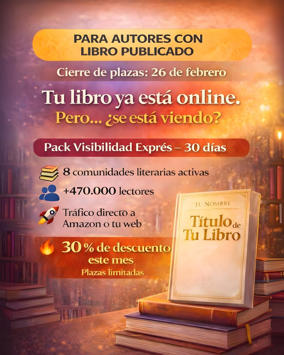 📚 Autores con libro ya publicado:

⏳ Cerramos plazas mañana

Si tu libro está online, pero no se está viendo➡️la última convocatoria con precio especial💡

30 días de promoción gestionada
+470.000 lectores
➡️Incluye revisión de sinopsis

🔎 Información: packvisibilidad.my.canva.site