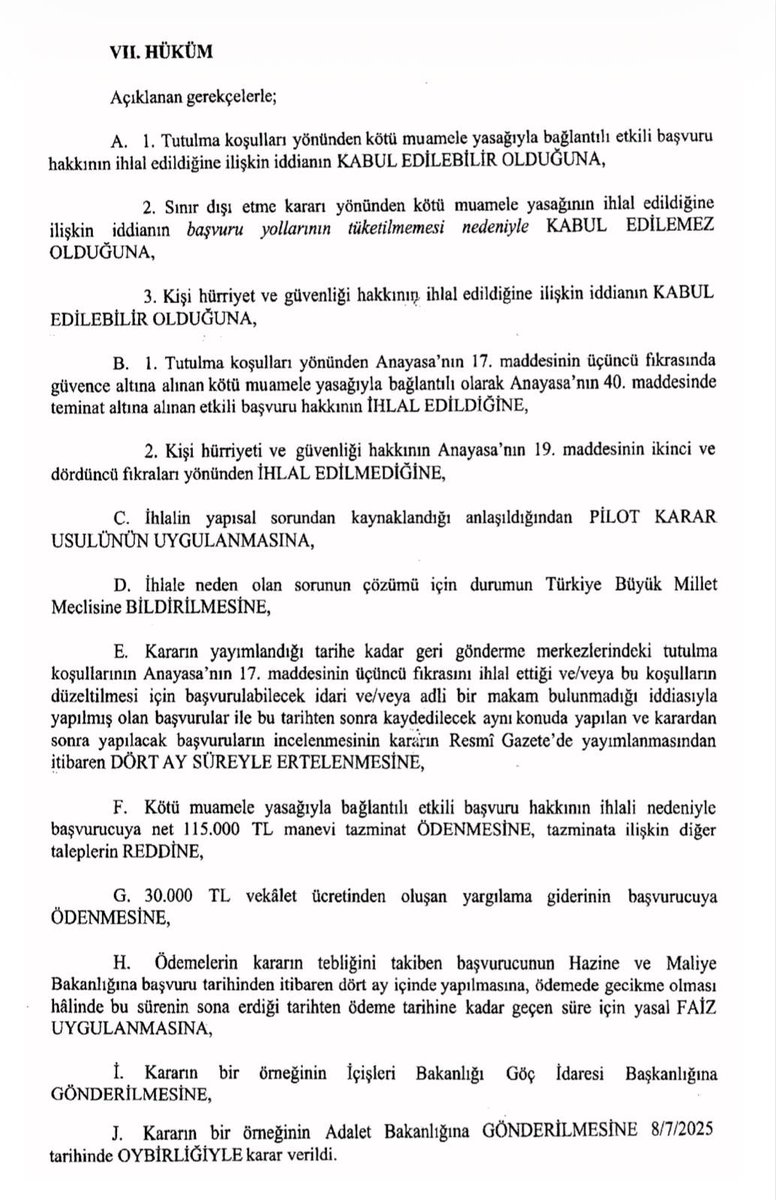 Anayasa Mahkemesi, Geri Gönderme Merkezlerindeki Tutma Koşullarının Kötü Muamele Yasağını İhlal Ettiğine ve Yapısal Sorun Nedeniyle Pilot Karar Usulünün Uygulanmasına Karar Verdi.