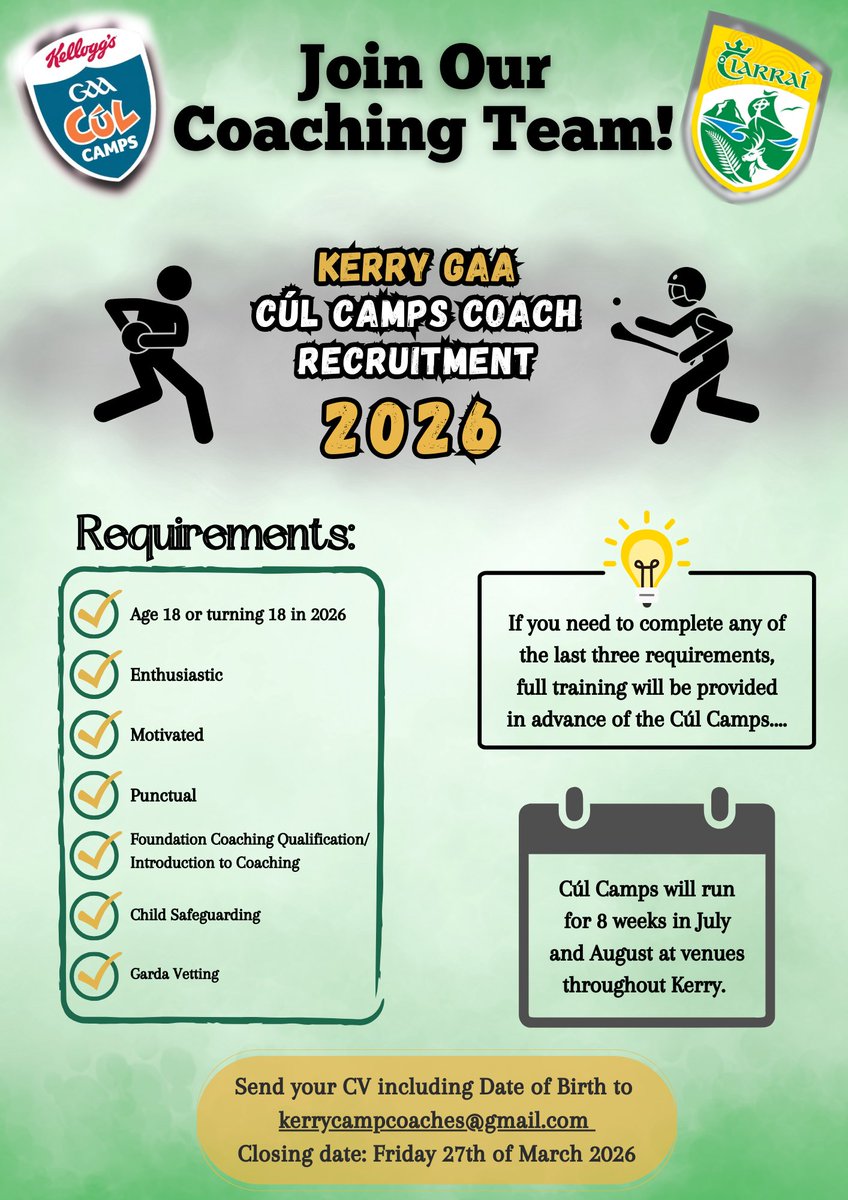 Kerry_Official's tweet photo. Kerry GAA is seeking new coaches for the 2026 Cúl Camp season.  

➡ 18+ or turning 18 this year and interested in working in July and August? 

➡️Further details at this link:  https://t.co/EzeAIWE1Rz https://t.co/VRfV8iG8yv