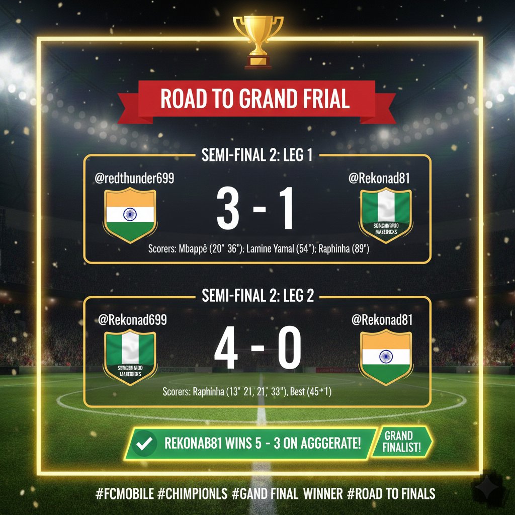 🔥 THE COMEBACK IS COMPLETE!
​What a performance! After falling 3-1 in the first leg, <a href="/Rekonad81/">Rekonad</a> 🇳🇬 stormed back with a 4-0 victory at home to win 5-3 on aggregate!
​With a clinical Raphinha hat-trick leading the way, Rekonad81 becomes our grand final