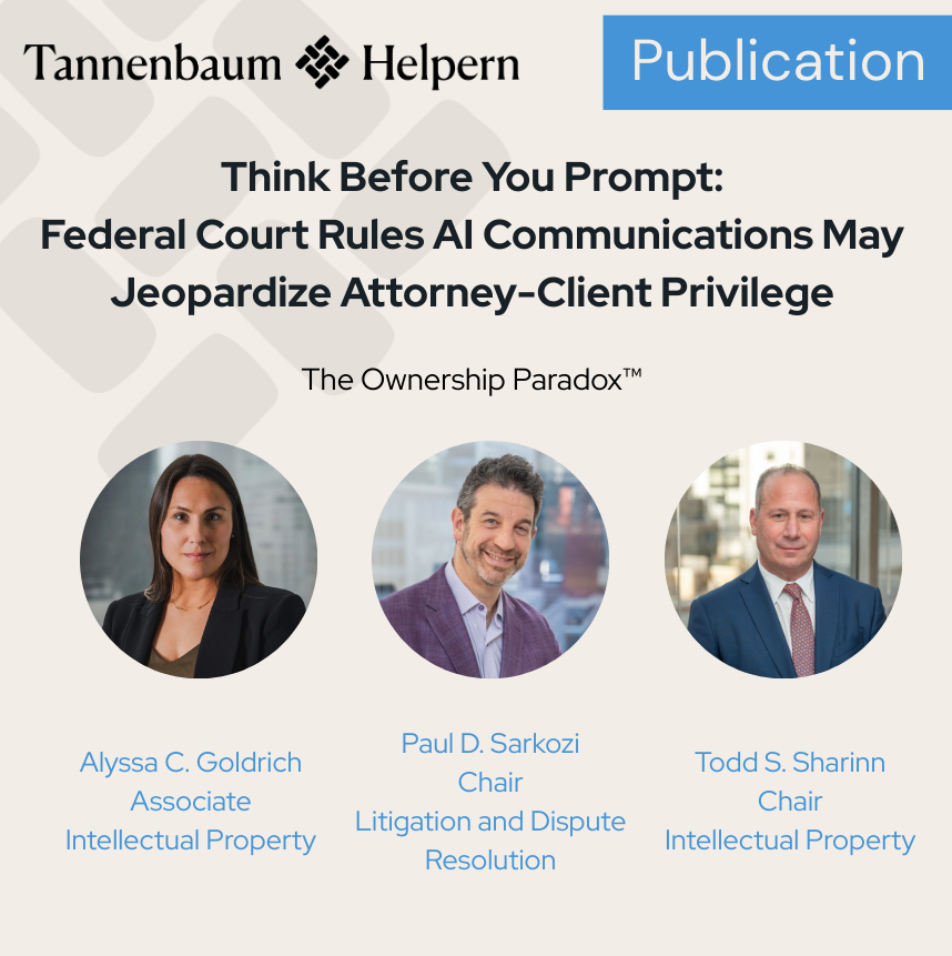 SDNY signals public AI communications may not be privileged. Alyssa Goldrich, Paul Sarkozi &amp; Todd Sharinn discuss the implications. hubs.la/Q044KP3k0
