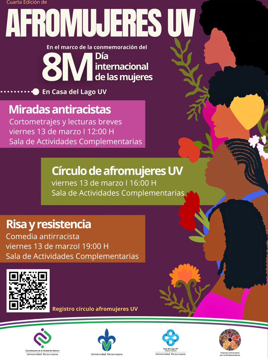💚💙#EgresadoUV la Coordinación de la Unidad de Género, la Casa del Lago y la Colectiva Universitaria por la Afrodescendencia, te invitan a la🌿4ª edición de AfroMujeres UV🌿
📍 Casa del Lago UV
📅  13 de marzo
Porque existir, coincidir y reír juntas también es antirracismo.💜