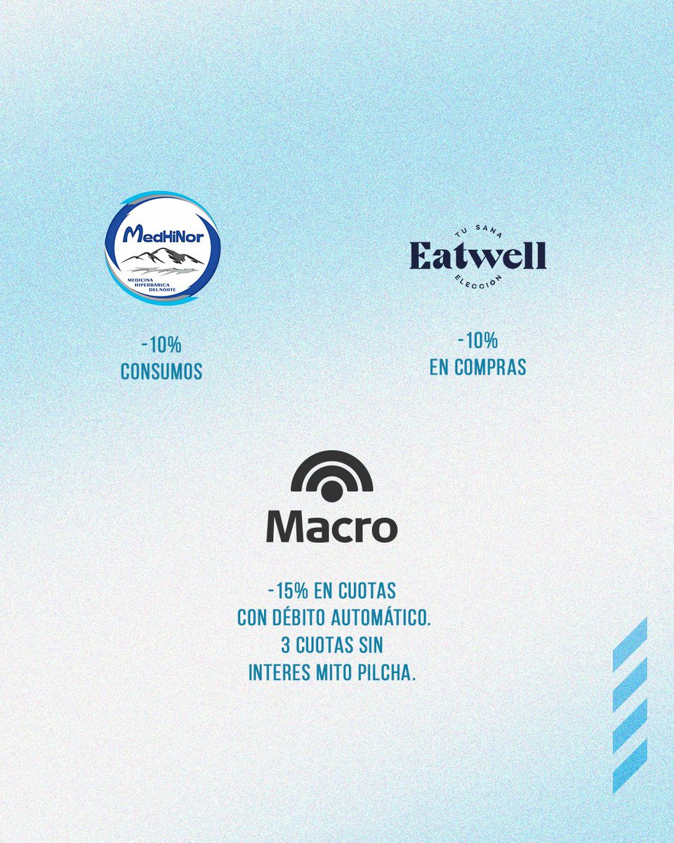 Ser socio tiene beneficios reales.

Presentamos nuestras alianzas estratégicas con marcas que acompañan al club y ofrecen beneficios exclusivos para quienes forman parte, en todas las categorías de socios.

Descuentos en indumentaria, salud, servicios y más.
Una red de ventajas