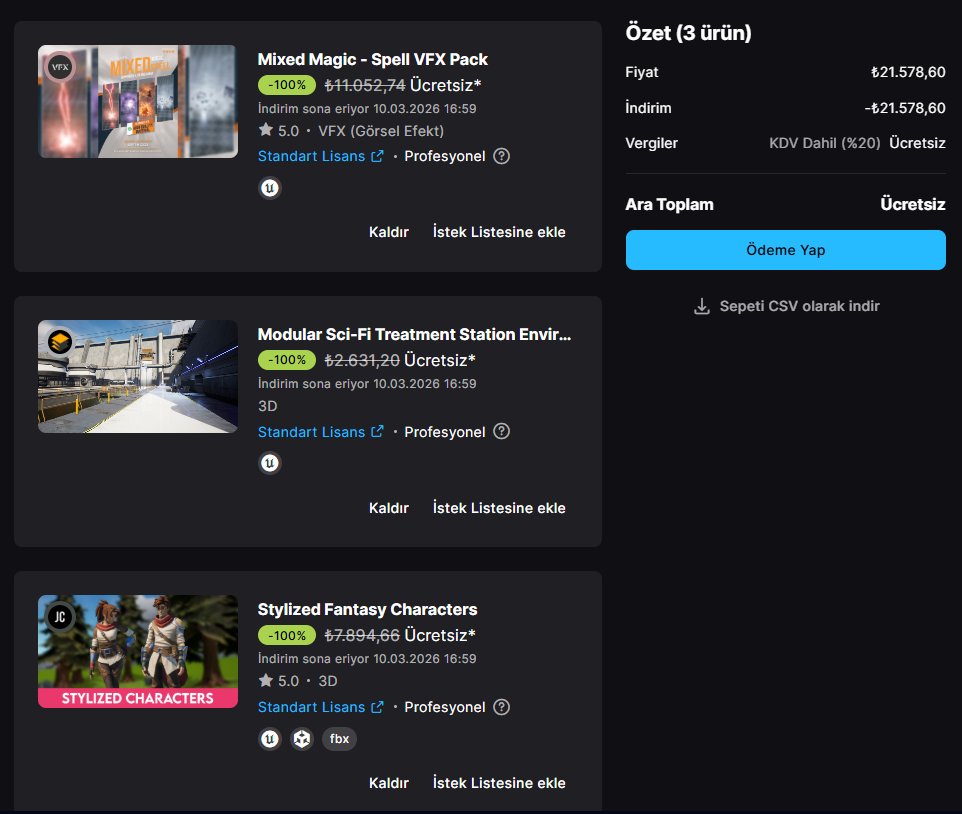 Toplam değeri 21.578,60₺ olan 3 adet asset, 10 Mart 2026'ya kadar Fab üzerinde ücretsiz dağıtılıyor.