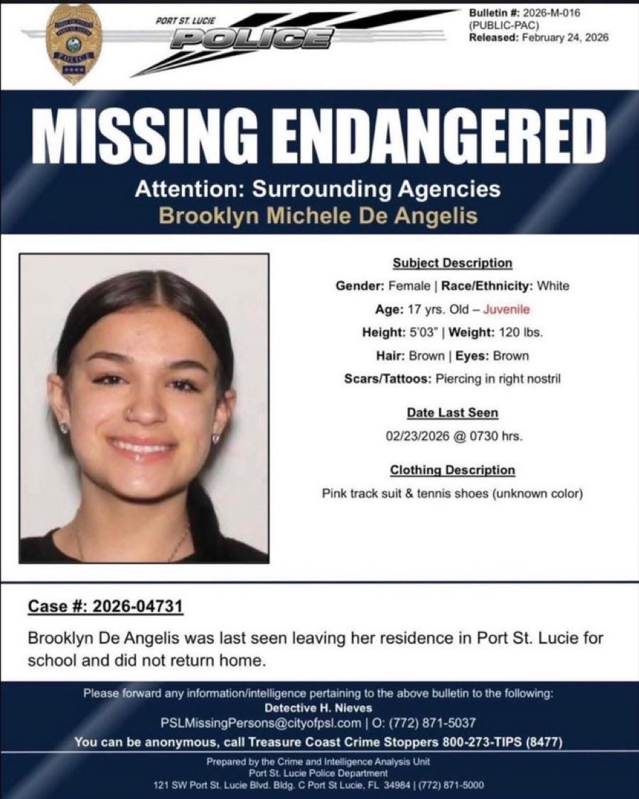 🚨See something Say something.  Please help find this girl.  🙏🏼🙏🏼🙏🏼

Brooklyn Michele De Angelis has been missing since 2/03/2026 at 7:30pm.   If you have seen her please contact the number below.