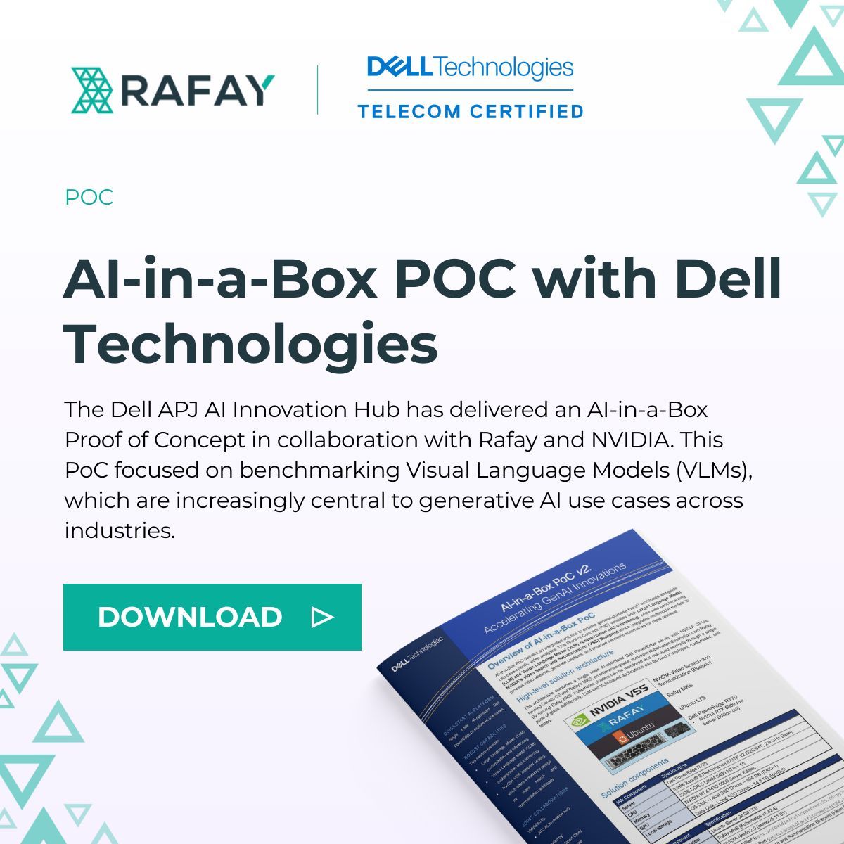 With Dell Technologies and NVIDIA, Rafay validated production scale Generative AI through the AI in a Box Proof of Concept.

From GPUs to governed, production ready AI platforms to measurable business outcomes.

Learn more: buff.ly/gLgkMZo

#GenAI #EnterpriseAI #GPUCloud