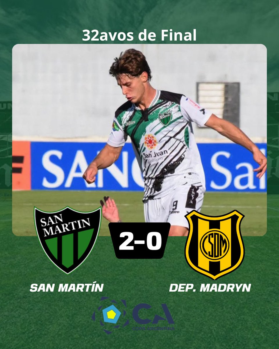 GANOOOOOO SAN MARTIIIIIIN!!!

Victoria y clasificación para el Santo!

El verde derrotó 2 a 0 a Dep. Madryn con goles de Monje y Murillo.

La próxima fase será rival de Platense.

#vamosverdinegro