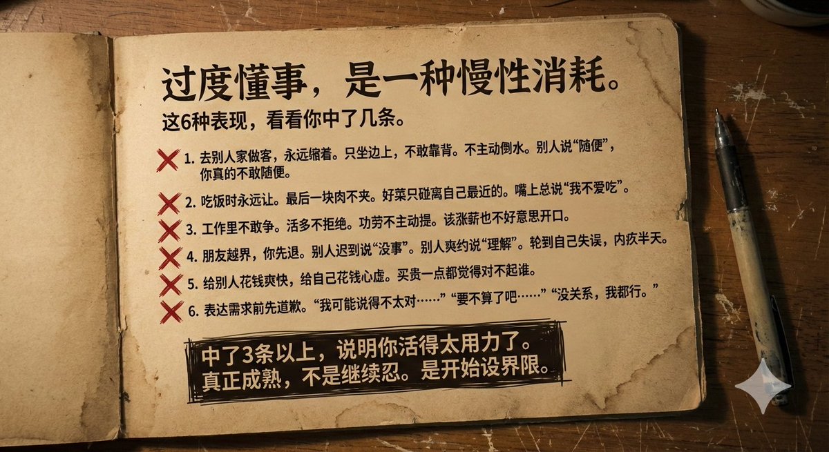 过度懂事，
是一种慢性消耗。

这6种表现，
看看你中了几条。

1. 去别人家做客，永远缩着。
只坐边上，不敢靠背。
不主动倒水。
别人说“随便”，你真的不敢随便。

2. 吃饭时永远让。
最后一块肉不夹。
好菜只碰离自己最近的。
嘴上总说“我不爱吃”。

3. 工作里不敢争。
活多不拒绝。
功劳不主动提。