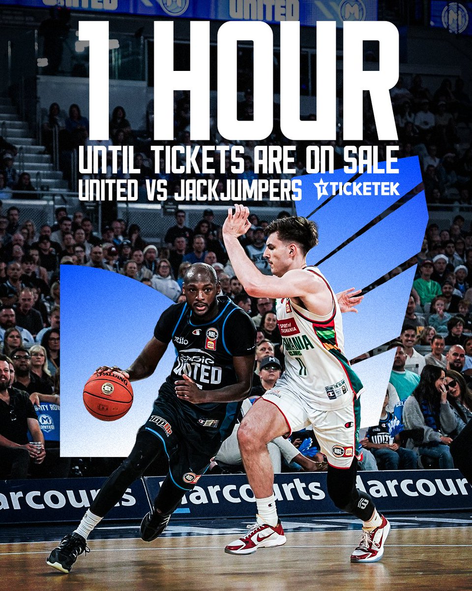 MelbUnited's tweet photo. 1 HOUR TO GO!
General Public tickets for our win-or-go-home battle against the JackJumpers go on sale to the public at 10am. 
Be sure to get in quick to Ticketek to lock in your spot inside John Cain Arena. https://t.co/EftTXNSxvz