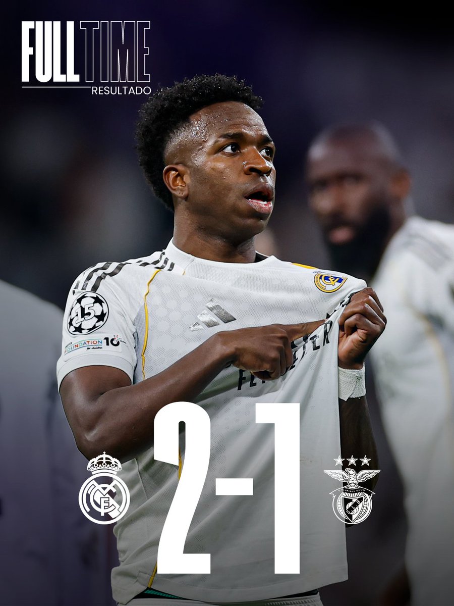 realmadriden's tweet photo. 🏁 FT: @RealMadridEN 2-1 @slbenfica_en 
⚽ 14' Rafa Silva
⚽ 16' @atchouameni
⚽ 80' @vinijr https://t.co/O861d202jw