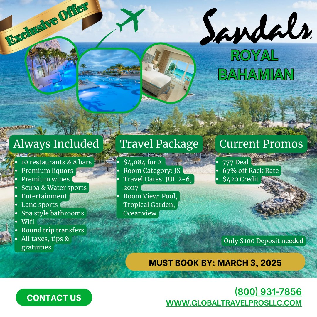 CPGTP's tweet photo. ✈️ Sandals Royal Bahamian
Escape to a private Bahamian island🌴 Luxury all-inclusive vibes &amp; exclusive deals await! ✨ Discover our 777 Wave Season Savings. Ready to plan? Contact us today! 📩

#SandalsRoyalBahamian
#BahamasTravel
#PrivateIsland
#OceanViews
#CouplesOnly https://t.co/GOoVSP3iGj