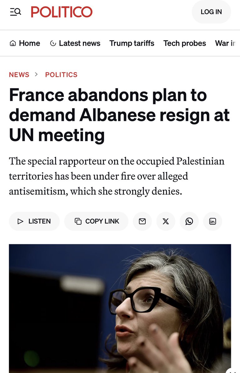 Monsieur le Ministre <a href="/jnbarrot/">Jean-Noël Barrot</a> 
Vous nous faites honte. Tout ce cinéma basé sur une fake news pour finalement renoncer à demander la démission de Mme Albanese. politico.eu/article/un-fra…