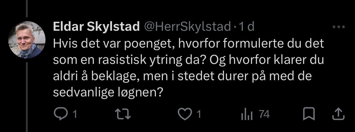 hoeibakk's tweet photo. @Based_Norseman @HerrSkylstad @espenteigen @vivi_lars Kan du peke på hvor han kaller Teigen rasist? Det er fullt mulig å komme med en rasistisk uttalelse uten å være rasist - det kan for eksempel skyldes mangel på kunnskap, dårlig formuleringsevne, eller ren og skjær dumskap. https://t.co/vCPR1RDfO4