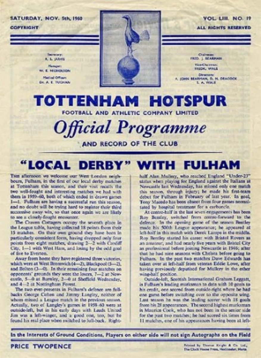 Spurs 5 Fulham 1 in 1960, Bill Brown on the ground and Jimmy Hill appealing . Programme for the game too !