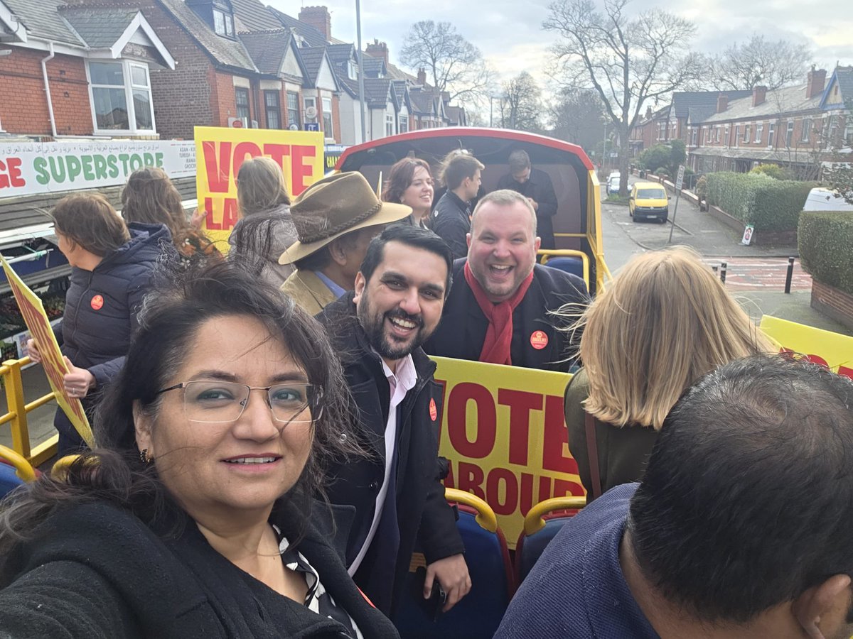 TamoorT's tweet photo. Eve of poll, bringing fun, energy & laughter across Gorton & Denton with our open top bus!
A strong campaign putting our @UKLabour candidate Angeliki forward as the only local person rooted in her local community. #Labour #unity #notdivision https://t.co/SGLH4Gm3eR