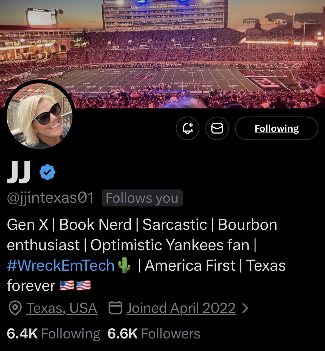 Shout out to my friend JJ <a href="/jjintexas01/">JJ</a> ❤️

Gen X book nerd, sarcastic bourbon-sipping queen, diehard Yankees fan and unapologetic Texas Patriot !!! 

Her hilarious sense of humor will keep you smiling all day !!! Please give her a follow and share with you friends 🇺🇸📚⚾️🥃
