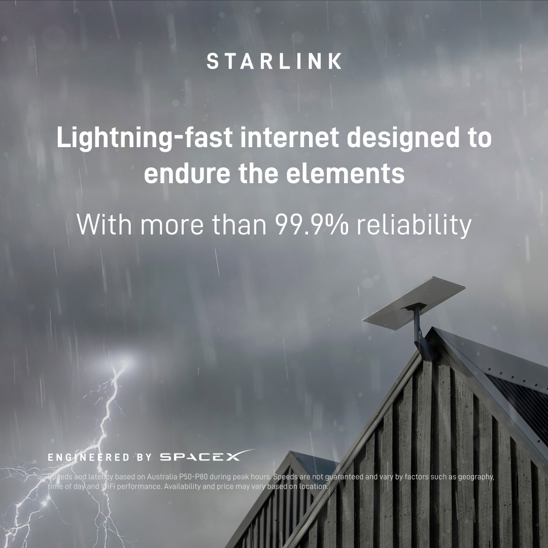 Starlink's tweet photo. Designed to endure the elements - Starlink Kits can withstand heavy rain, harsh winds, and sleet.