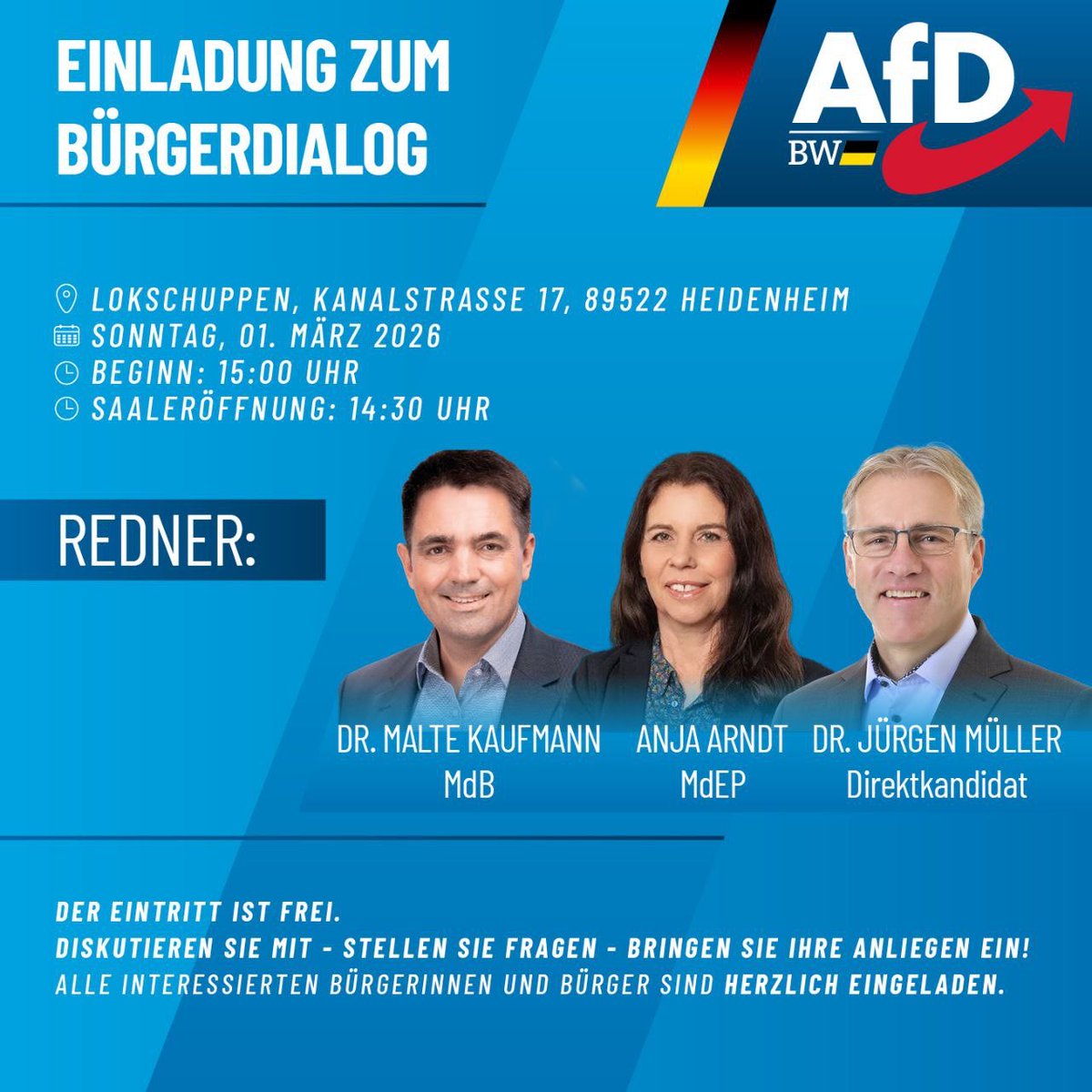 erdbeerbuegler's tweet image. Wahlkampfendspurt in Baden-Württemberg. Herzliche Einladung zum Bürgerdialog in #Heidenheim am kommenden Sonntag. Alle Stimmen #AfD! 💙💙💙

t.me/maltekaufmann 💙🇩🇪