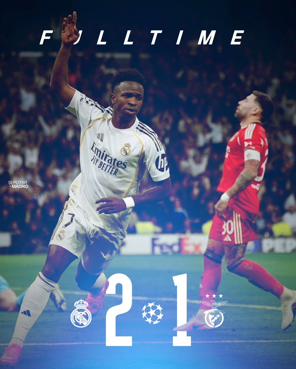 🏁 FULLTIME FROM SANTIAGO BERNABÉU!

Real Madrid 2-1 SL Benfica (3-1 on agg)

⚽ 14' Rafa Silva
—
⚽ 16' Tchouaméni
⚽ 80' Vini Jr.

El Real ke 16 besar #UCL 25/26 &amp; akan menghadapi SALAH SATU dari Man. City/Sporting CP. Undiannya besok!

Siapa MOTM pilihanmu di laga ini? 🤩