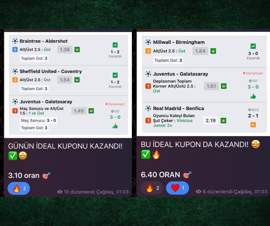 7 TABLO ATTIK 7/7 KAZANDI! 🏆🔥

1 İSTATİSTİK ATTIK 1/1 KAZANDI! 🏆🔥

2 İDEAL ATTIK 2/2 KAZANDI! 🏆🔥

👉🏼 ÜCRETSİZ PAYLAŞIM GRUBUMUZ İÇİN İLETİŞİM; t.me/cagdqs