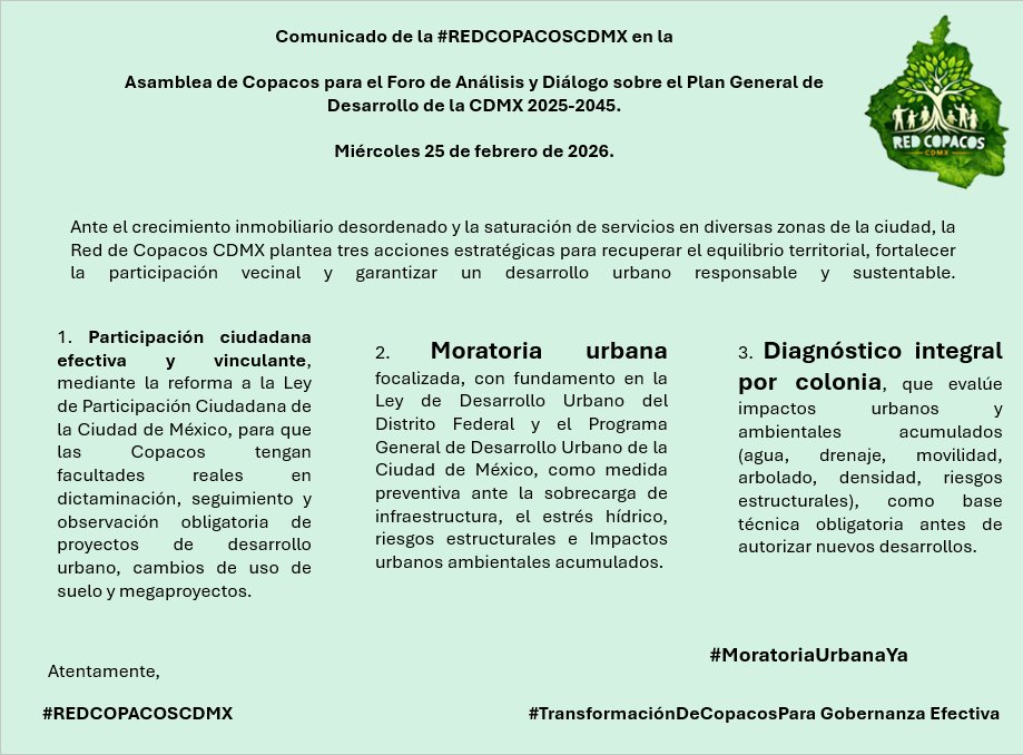 VillaDeCortesBJ's tweet photo. Hoy estarán reunidos Copacos de CDMX en el
Foro de Análisis y Diálogo sobre el Plan General de Desarrollo CDMX 2025-2045 #PGDU
El posicionamiento de la #RedCopacosCDMX es:
#ParticipaciónVinculante
#MoratoriaUrbanaYa
#DiágnosticoPorTerritorio de impactos acumulados
@ClaraBrugadaM https://t.co/v1USkjlonx