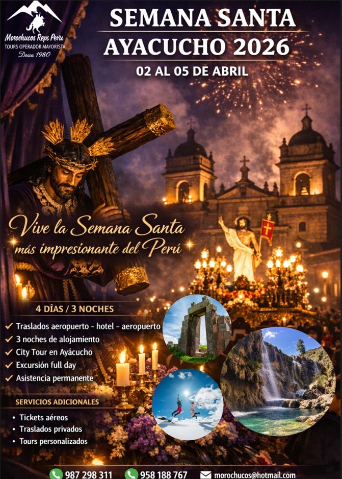 MorochucosReps's tweet photo. Morochucos Reps, invita a todos a disfrutar de la Semana Santa en Ayacucho, del 02 al 05 de abril.
Servicios como:
📌Paquetes turísticos de 4 días / 3 noches (Incluyendo hotel 3*, tours y traslado en servicio compartido desde S/640. c/u) https://t.co/ywXZTx0UFW