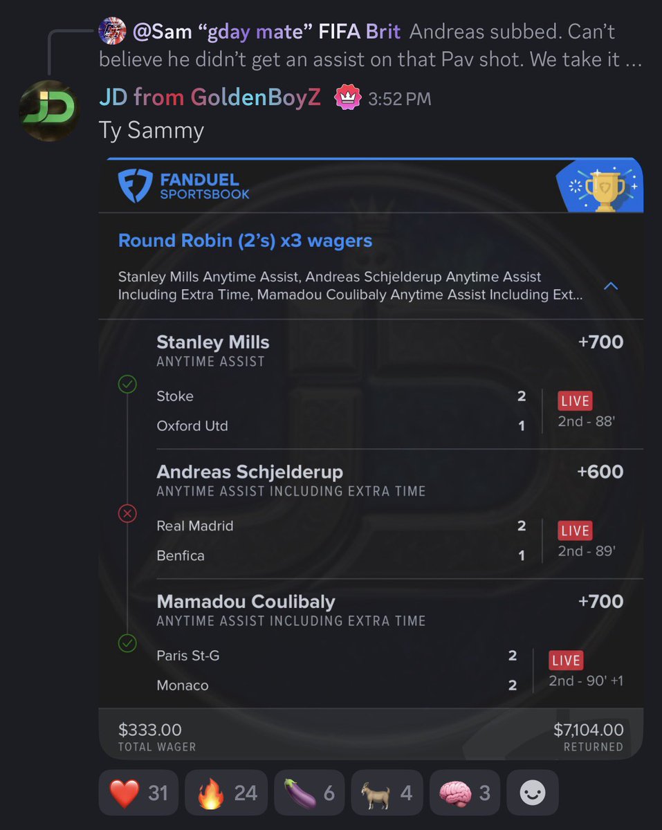 Cash the soccer RR for <a href="/FIFABrit/">Sam/FIFA Brit</a> &amp; <a href="/JDGoldboys/">JD </a> 🔥

$333 ➡️ $7,104 🤩

Cash with us! 👉 GoldBoys.com