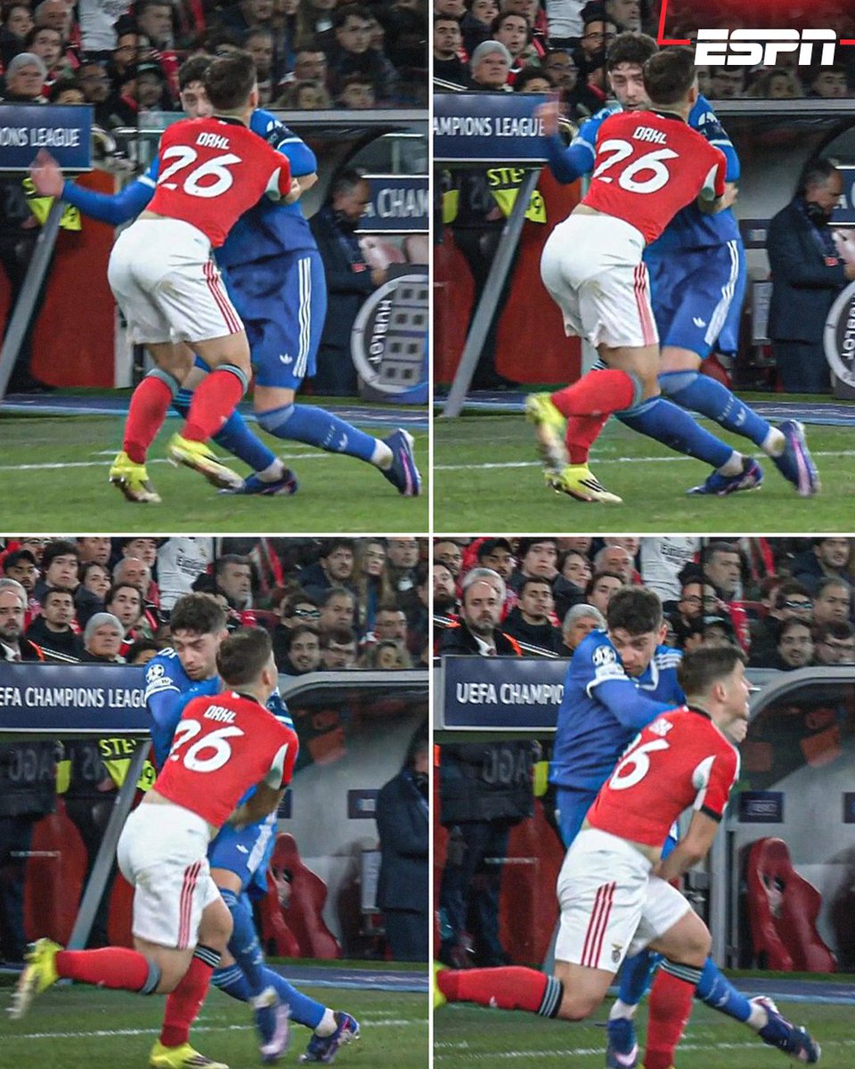 La primera foto es una amarilla al humilde jugador del Benfica por una caricia facial a Vinicius Jr.

La segunda foto es una agresión de Federico Valverde al modesto jugador del Benfica que casi lo deja sin mandibula. Esta no fue ni revisada.

El fútbol hoy perdió crebilidad.