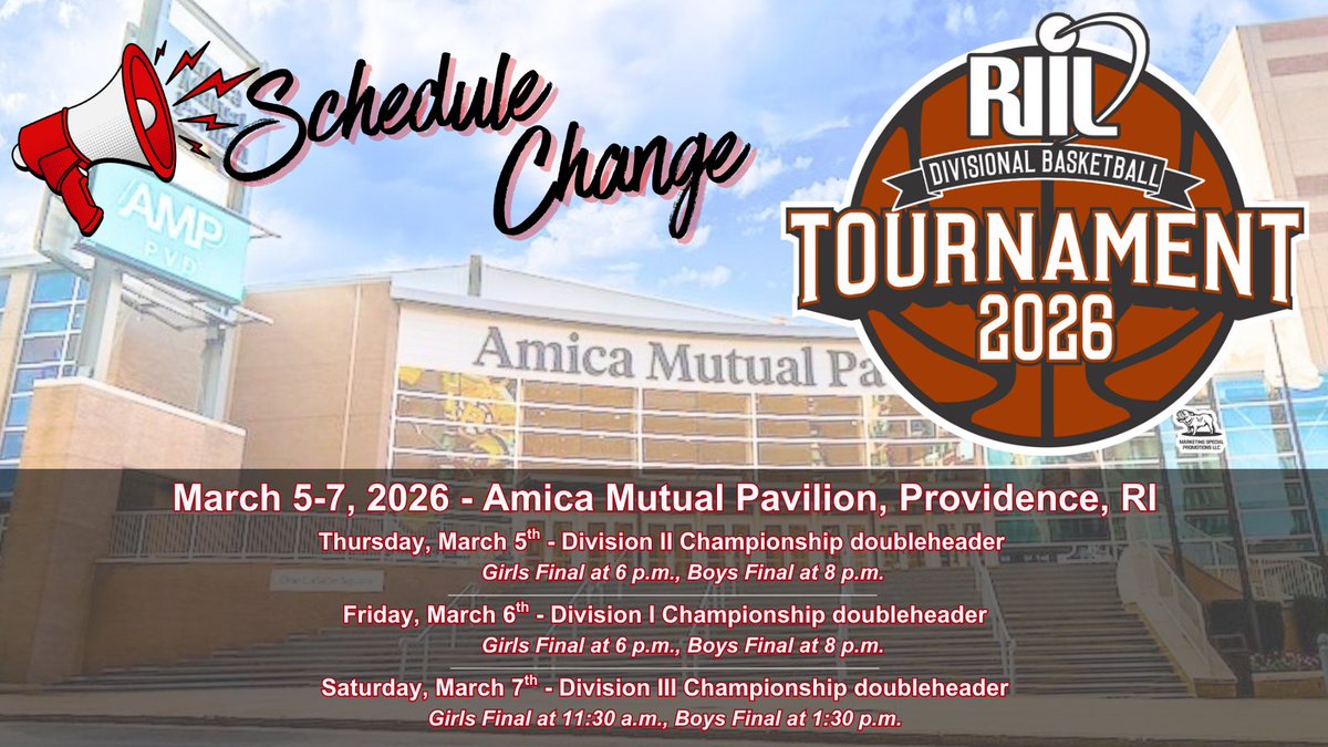 RIIL_sports's tweet photo. 🚨Because  of disruptions from the Blizzard, the RIIL Boys &amp; Girls Divisional Basketball Championship Finals have been pushed to March 5-7th at The AMP. Teams are rescheduling their earlier-round playoff games &amp; will update brackets on the RIIL website: https://t.co/tEaVYPtpko https://t.co/KpJsnbisVl