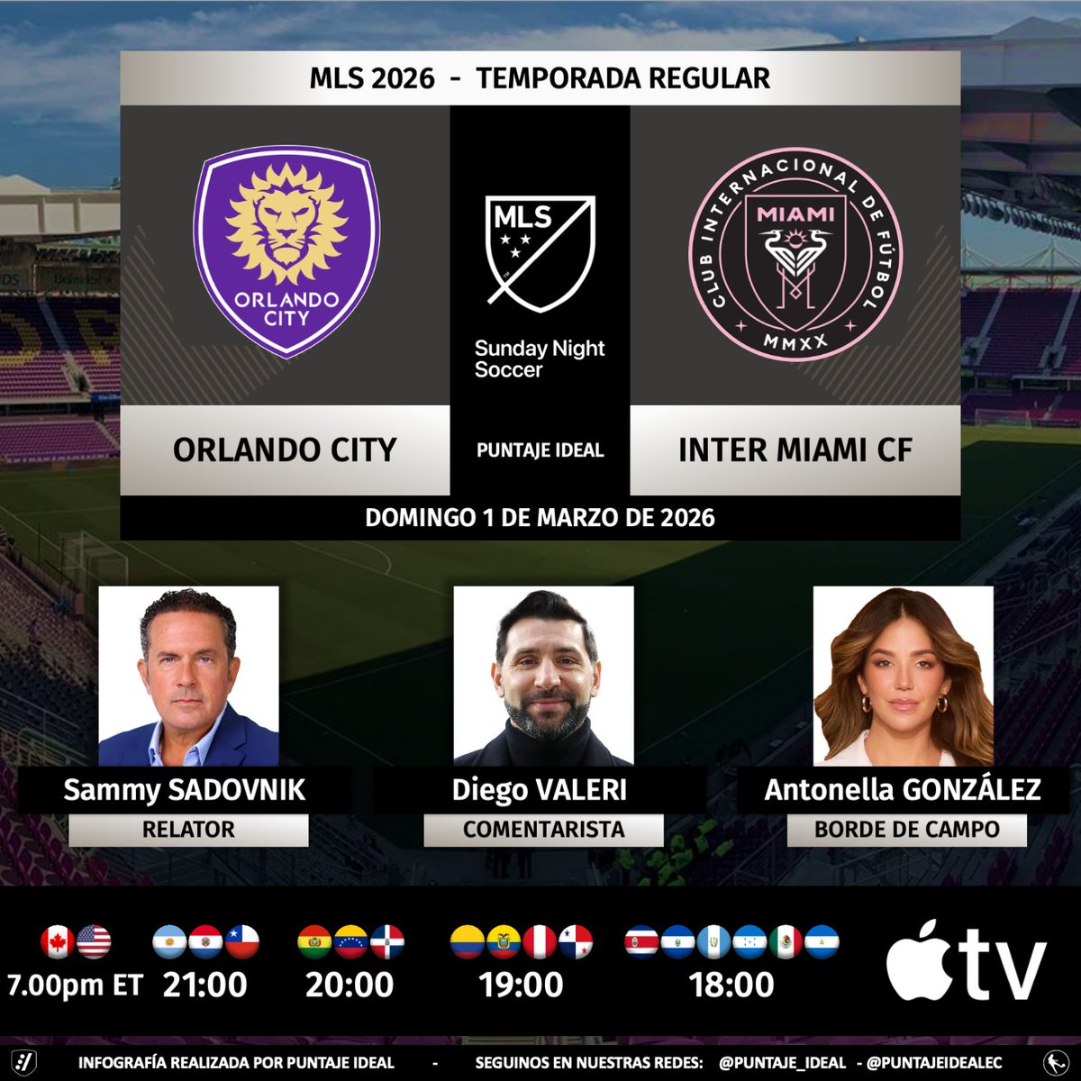 PuntajeIdealEC's tweet photo. ⚽️ #MLS 🇺🇸 | #OrlandoCity vs. #InterMiamiCF
🎙️Relator: @sadovnik1965
🎙️Comentarista: @DiegoDv8
🎙️Campo: @soyantosports
💻📱@AppleTV
🤳#ORLvMIA - #SundayNightSoccer - #MLSisBack
Dale RT 🔃 https://t.co/jwWh3fd1mm