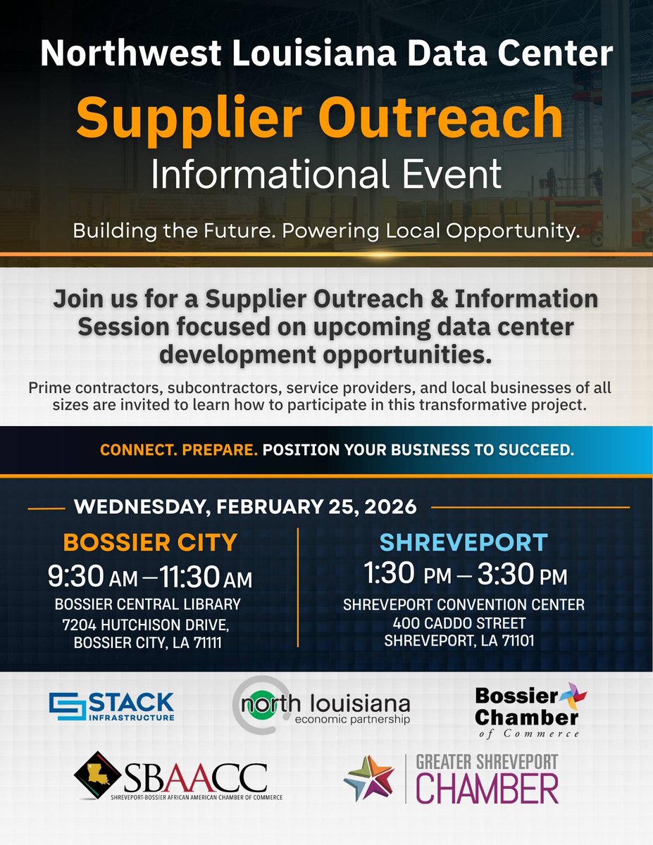 SWEPCoNews's tweet image. What an incredible turnout in Shreveport and Bossier City today for the supplier outreach event supporting the STACK Infrastructure + Amazon Data Center project! 🙌

read more👉 swepco.com/company/news/v…
see more 👉 swepco.com/community/read…

#TheFutureIsBright