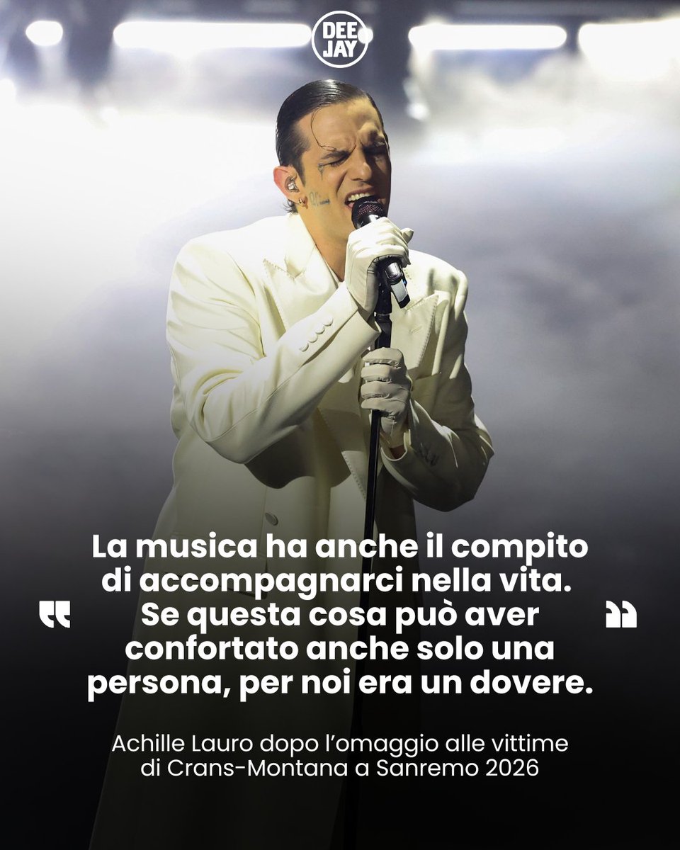 radiodeejay's tweet photo. Achille Lauro canta “Perdutamente” a #Sanremo2026 per rendere omaggio alle vittime di Crans-Montana: queste le sue parole al termine dell’esibizione.

#radiodeejay #news https://t.co/92B063yAx2