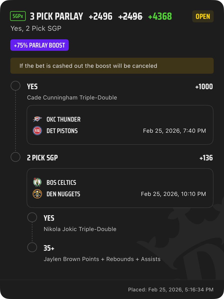 #draftkings 75% lotto booster🎰👀

Cade triple double

Jokic triple double

Jaylen 35 PRA

This is STUPID value and gonna be a nice easy Wednesday night cash💰

$20 to a follower that likes this post ✅

Link: sportsbook.draftkings.com/social/post/49…

#GamblingX