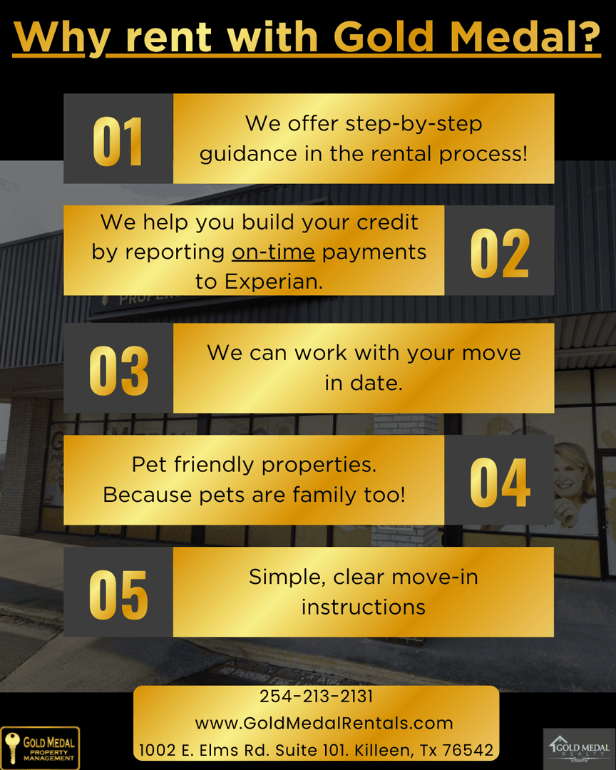 GMRentals's tweet photo. Better rentals start with better management.
Choose convenience. Choose communication. Choose Gold Medal.

#GoldMedalRentals #PropertyManagement #KilleenTX #FortHoodArea #CentralTXRentals #ForRentNearMe https://t.co/KmcBbyRmGF